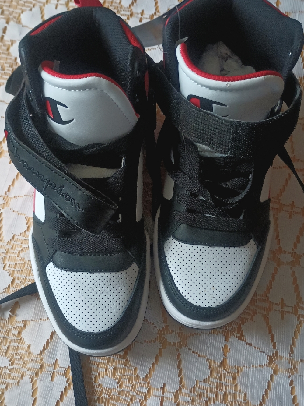 Champion Kids Black, White & Red High-Top Sneakers